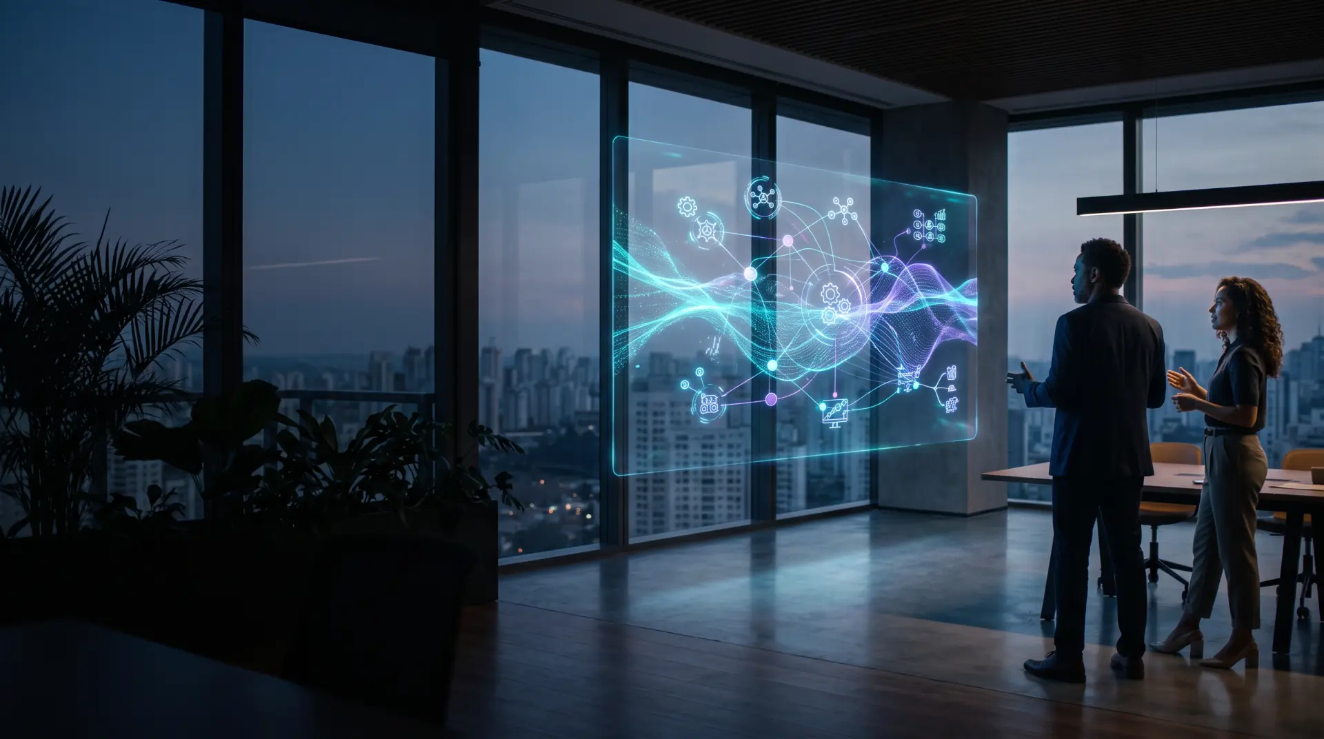 Escritório moderno ao entardecer com um painel holográfico mostrando fluxos de automação conectando departamentos