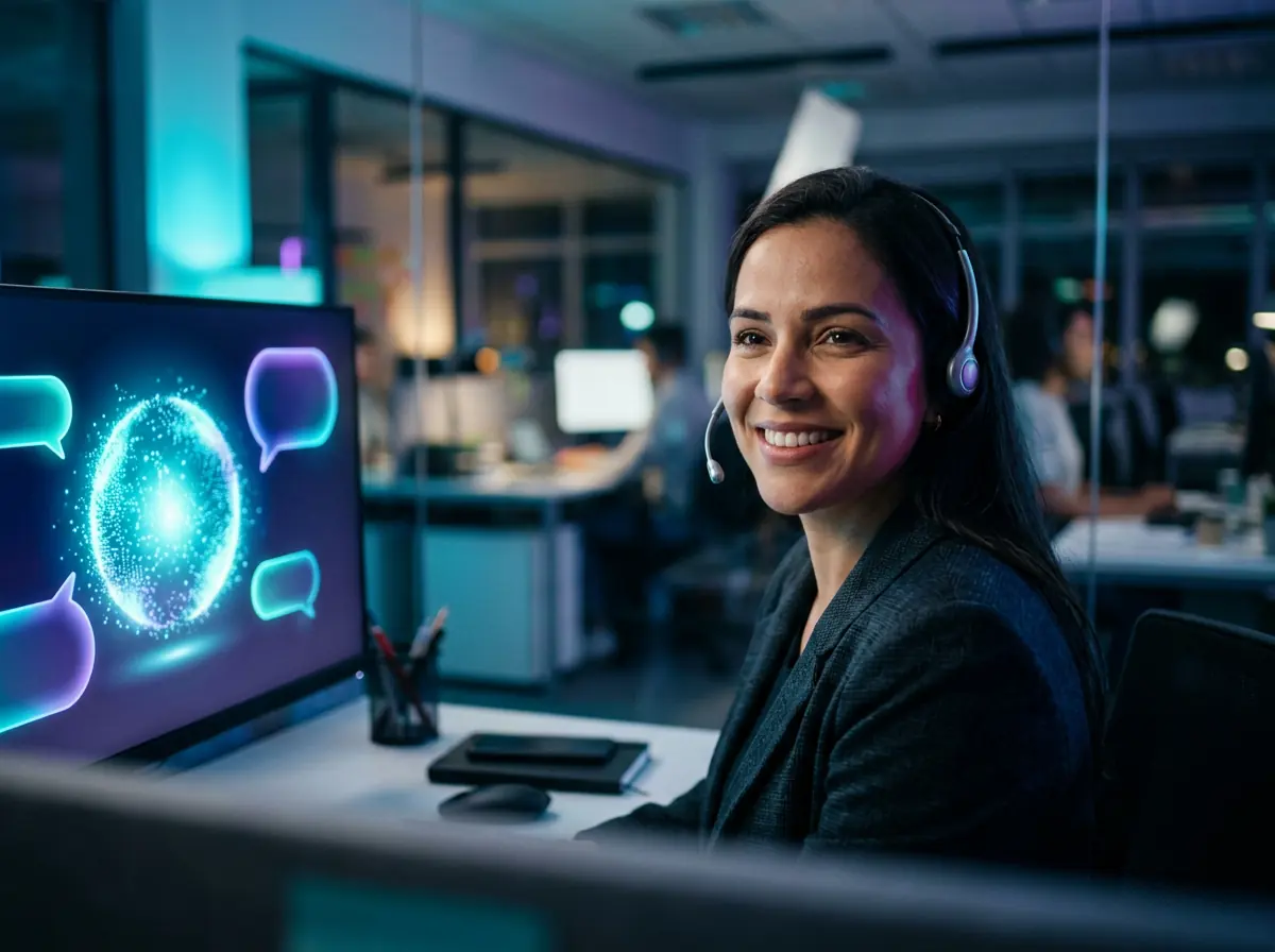 Atendente sorrindo ao lado de um monitor com um assistente de IA