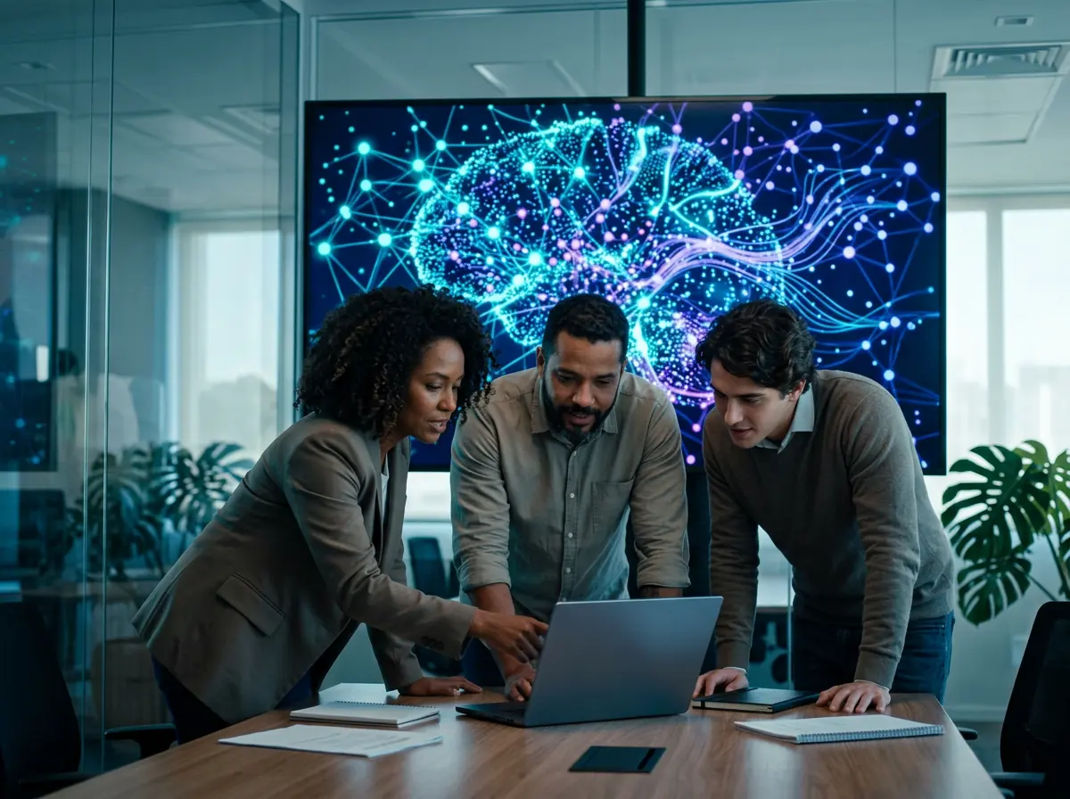 Equipe em volta de um notebook diante de uma tela com uma visualização de rede neural