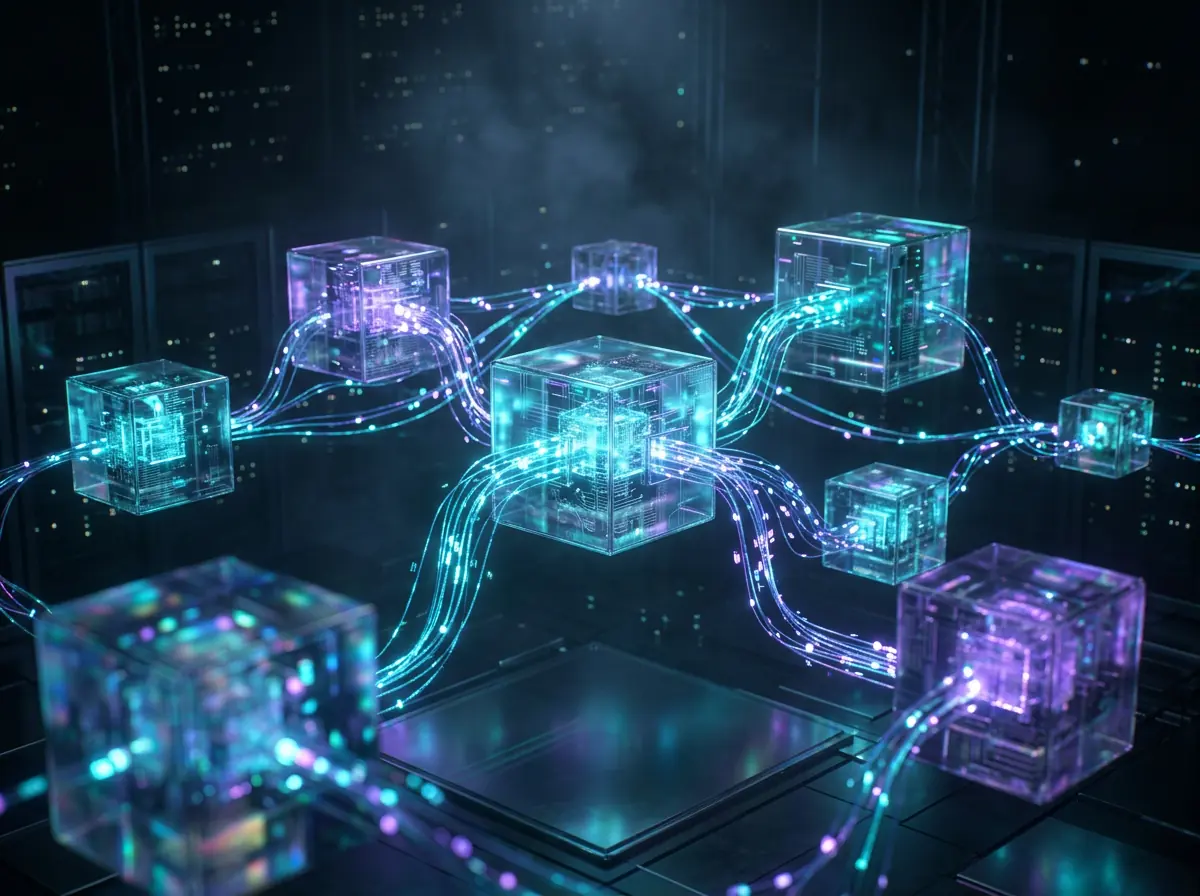 Cubos de vidro iluminados conectados por cabos de dados, representando sistemas integrados