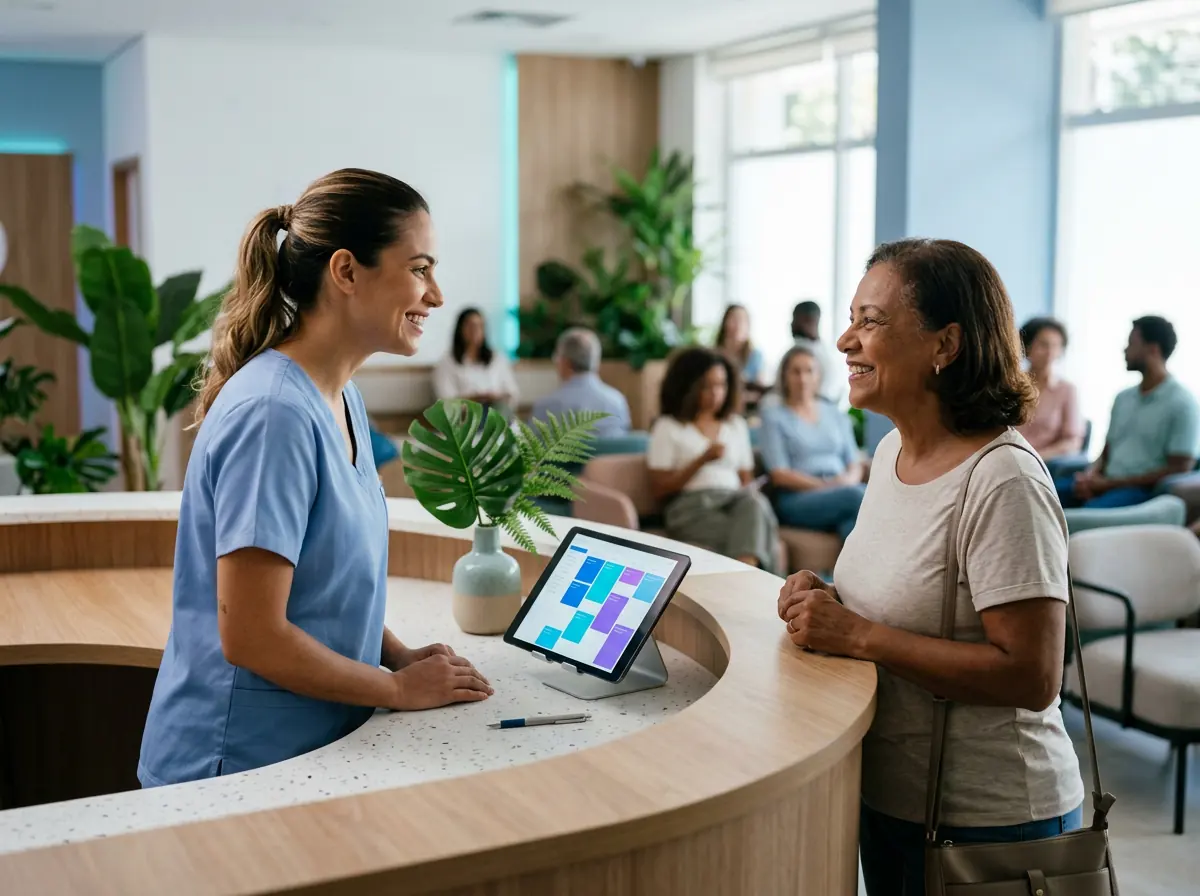 Recepcionista de clínica atendendo uma paciente com um tablet de agendamentos