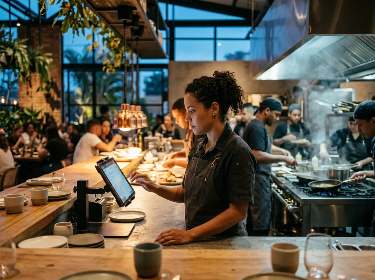 Gerente de restaurante conferindo pedidos em um tablet no balcão