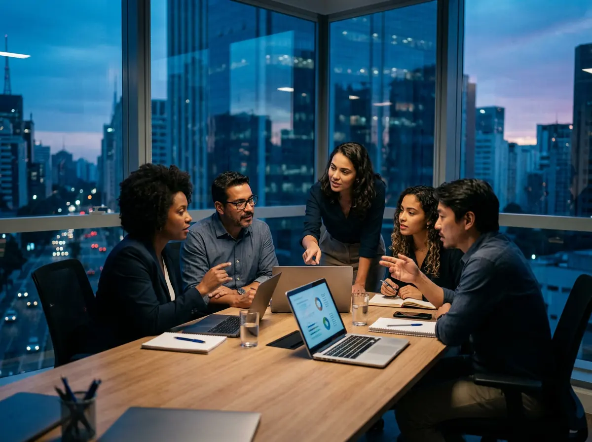 Equipe de consultores reunida em volta de uma mesa em um escritório com vista para a cidade
